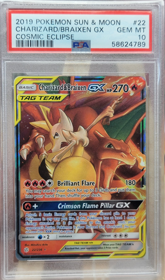 2019 Sun & Moon Cosmic Eclipse - Tag Team Charizard & Braixen GX #22 PSA 10