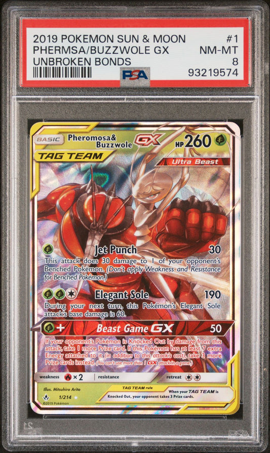 2019 Sun & Moon Unbroken Bonds - Tag Team Pheromosa & Buzzwole GX #1 PSA 8